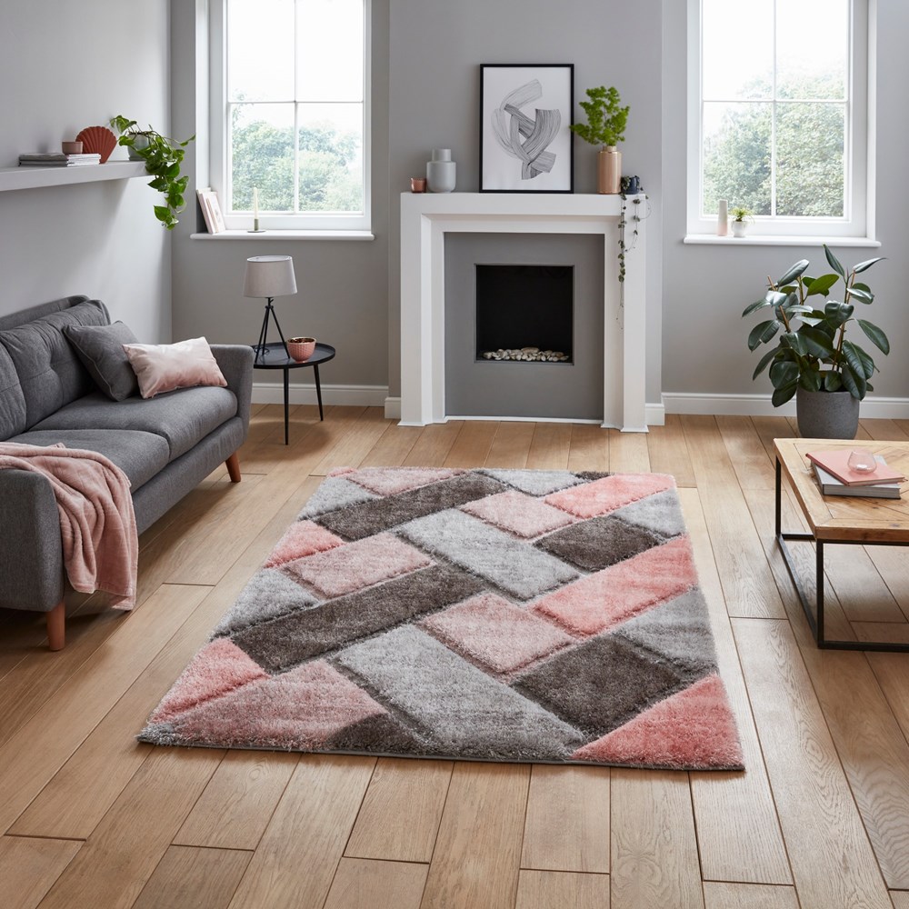 Olympia 2239 Grey Pink Geometric Shaggy Rug